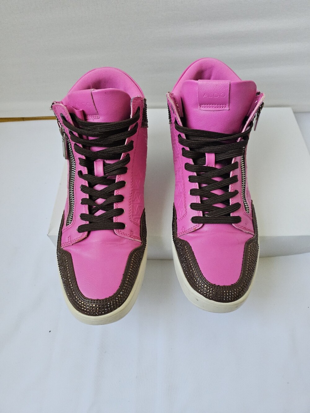 ALDO Women's Pink High-Top Sneakers with Brown Accents - Size 8